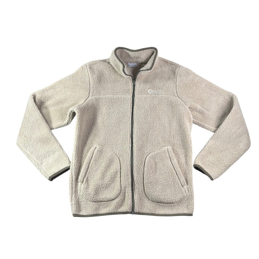 Columbia Sherpa Fleece Jacket Womens Small Full Zip Cream Olive Green Mock Neck